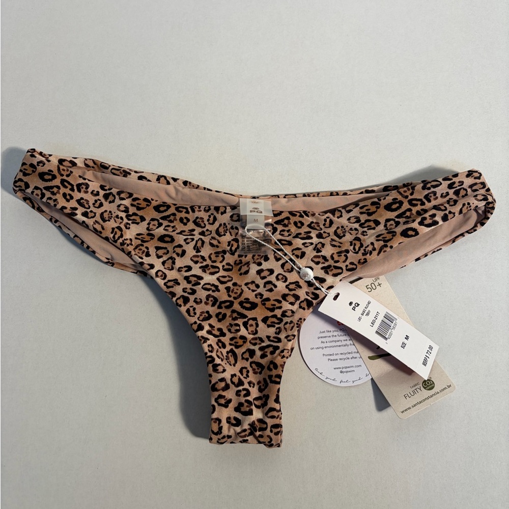 NWT Pilyq Leopard Print Bikini Bottom size Medium. Ruched, Teeny coverage